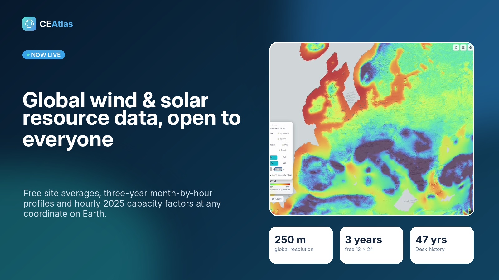 CEAtlas launch graphic — wind capacity-factor map over Europe and North Africa announcing global wind and solar resource data, open to everyone, at 250 m resolution
