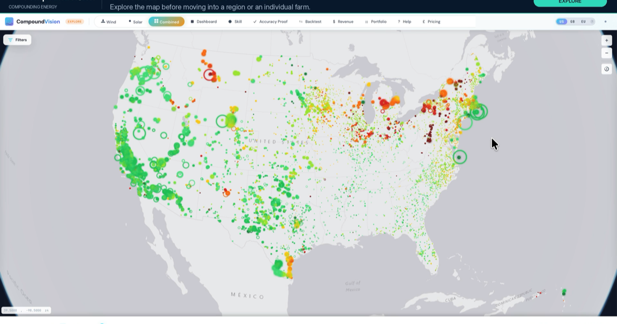 Opening frame of the CompoundVision demonstration: the fleet map over the United States with wind and solar farms marked, Combined view.