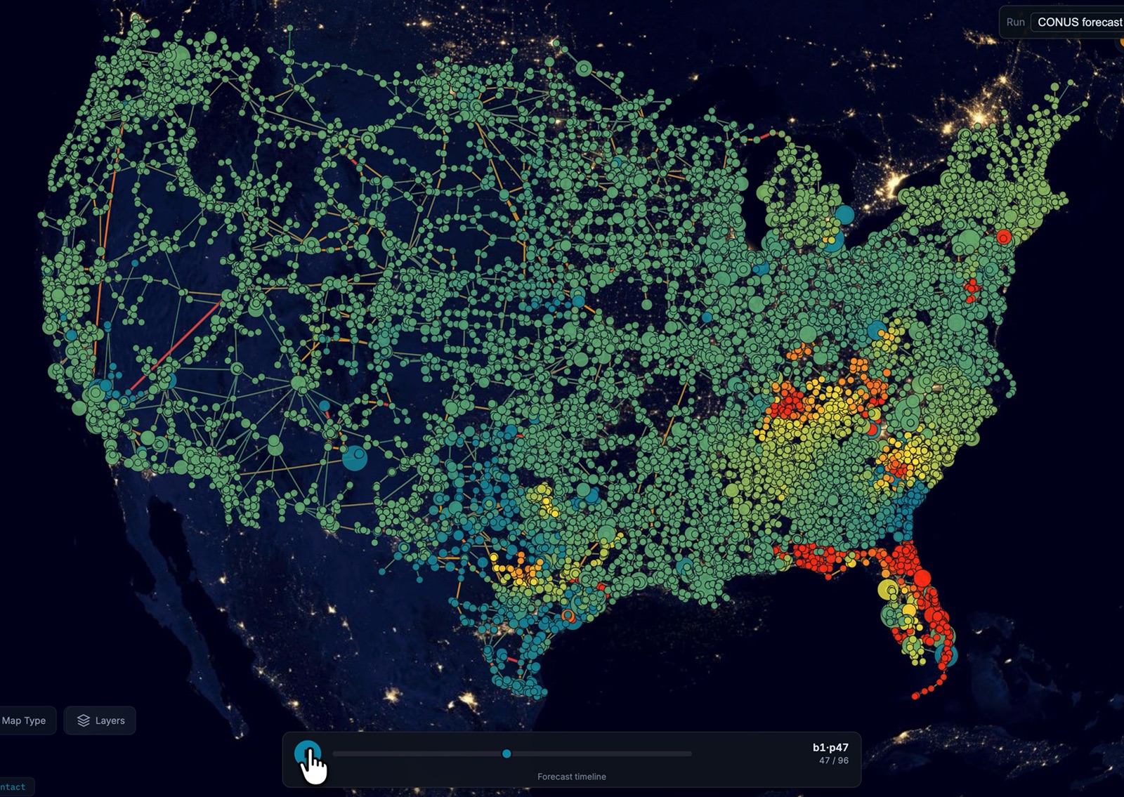 CENovaSage nodal LMP forecast benchmark across the US, visualised in CEAtlas